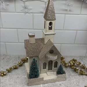 Large Putz House Glittering Holiday Church Decoration 7”x7”x13”